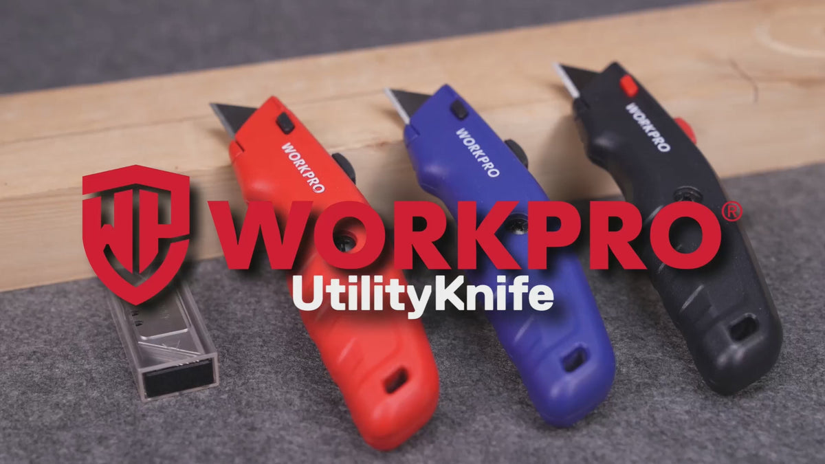 Load video: WORKPRO Premium Utility Knife, Retractable All Metal Heavy Duty Box Cutter, Quick Change Blade Razor Knife, with 10 Extra Blades - Red