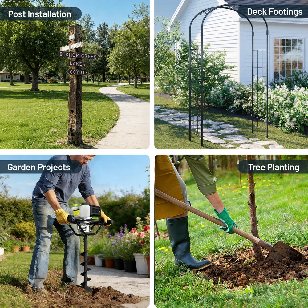 WORKPRO gas powered post hole digger with black auger drill bits for digging fence and post holes in soil