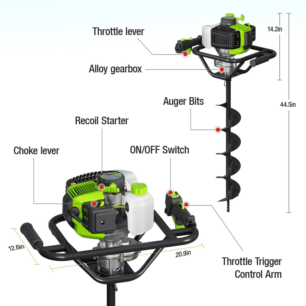 WORKPRO 62CC post hole digger gas powered earth auger drill with innovation, quality, durable, secure control arm