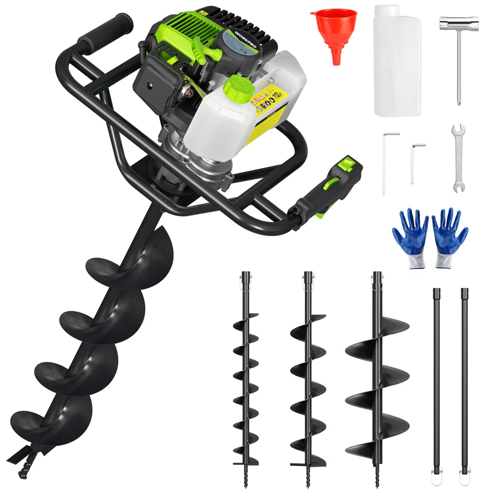 WORKPRO gas powered post hole digger with green and black innovation quality, secure and durable auger bits