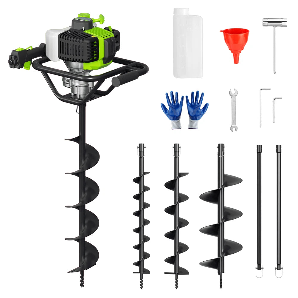 WORKPRO gas powered post hole digger in black and green with quality durable carbon steel auger bits