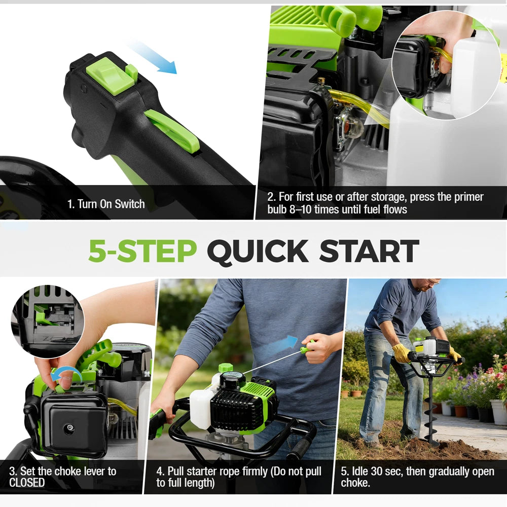 WORKPRO 62CC post hole digger gas powered earth auger drill in black and green with secure durable quality innovation