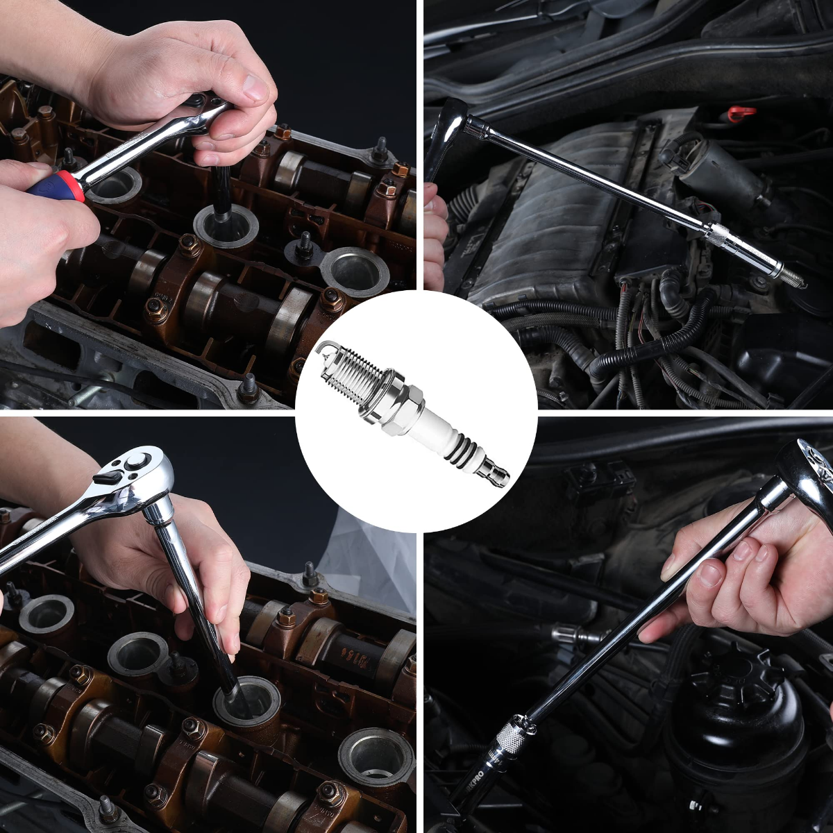 Magnetic swivel spark plug socket in car engine bay, chrome 14mm thin-wall, 3/8" drive