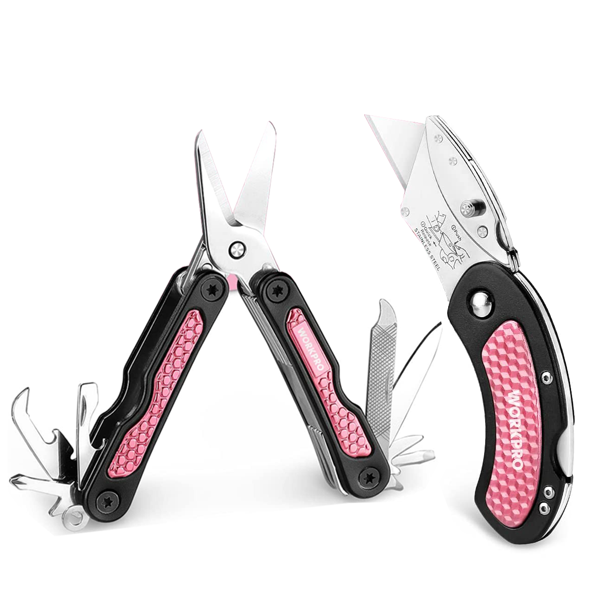 Pink and black folding multi-tool with two blades and compact tool bits on handles