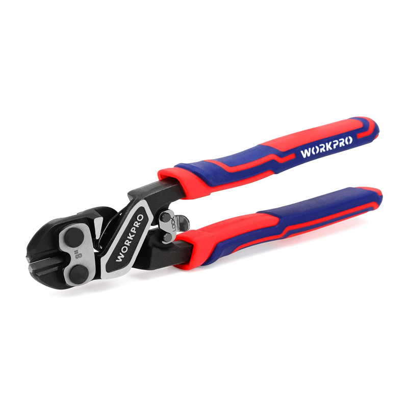 8-inch mini bolt cutter with black jaws and ergonomic red-blue handles