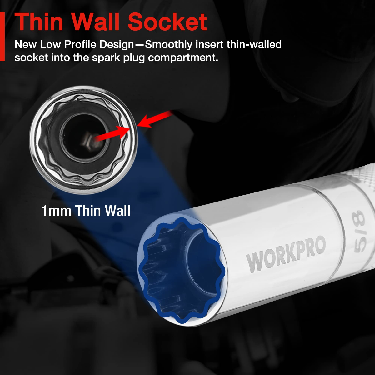 Thin-wall 1mm spark plug socket tool with 5/8 drive end and chrome finish