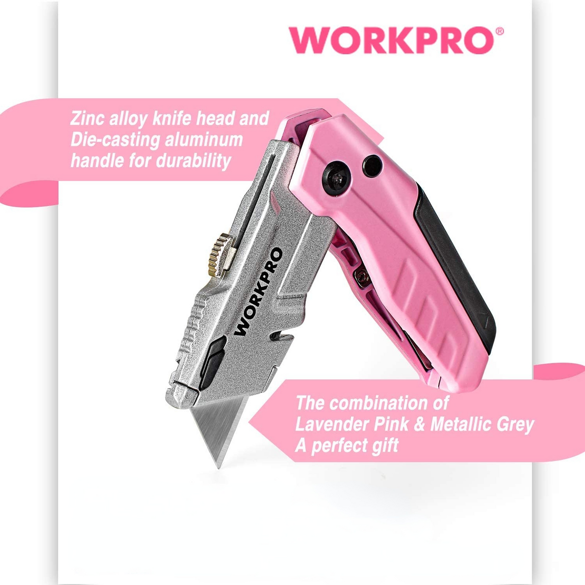 Pink folding utility knife with grey retractable blade and black grip handle