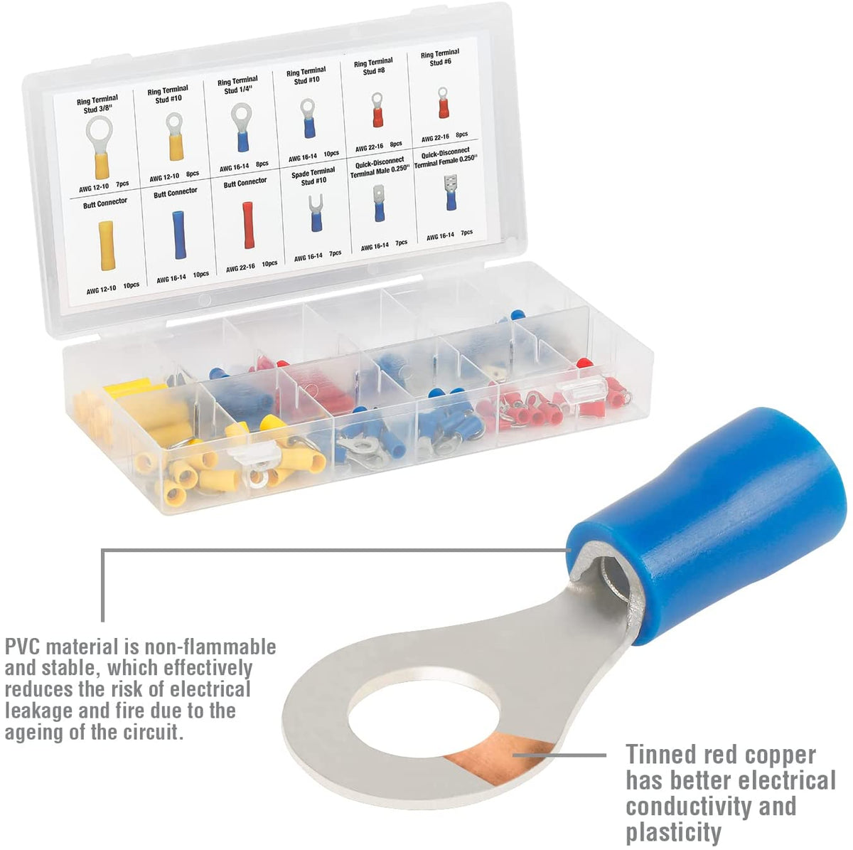 Wire terminal assortment kit in clear case with blue-handled crimp tool and connectors