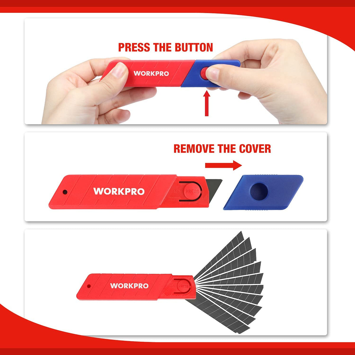 Snap-off replacement blades with red-and-blue cover and button release mechanism