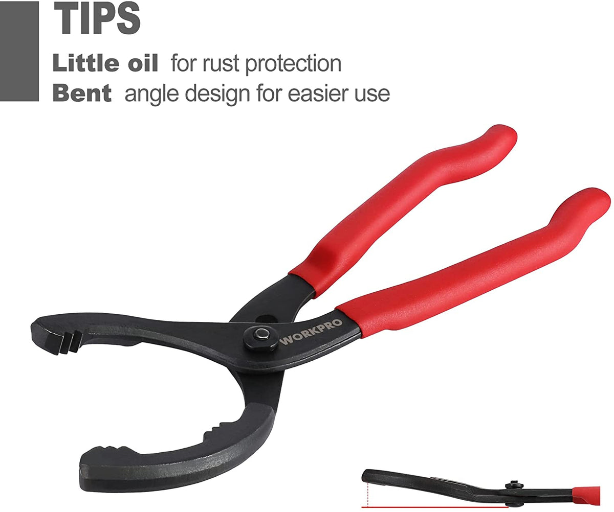 Adjustable oil filter pliers with red insulated handles and black slip-jaw grips
