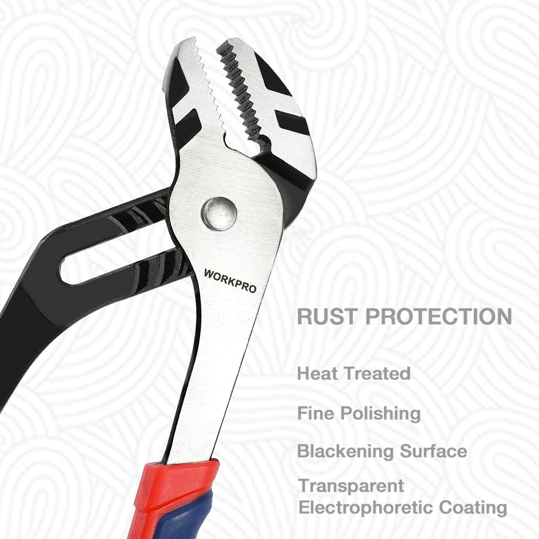 Adjustable pliers head with serrated jaws and WORKPRO marking, red/blue bi-material handles