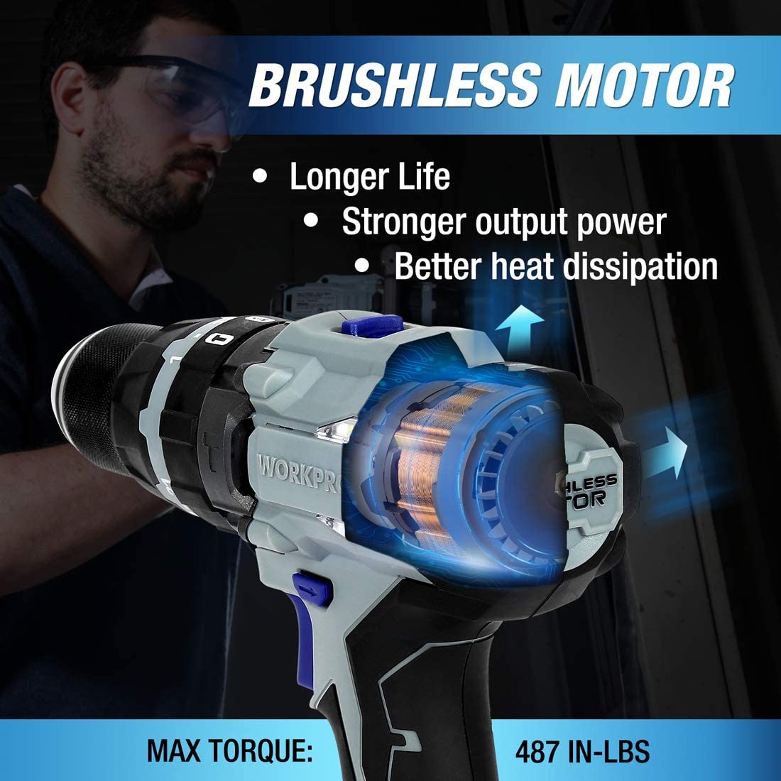 Brushless cordless drill with blue chuck and black-and-gray body, side handle