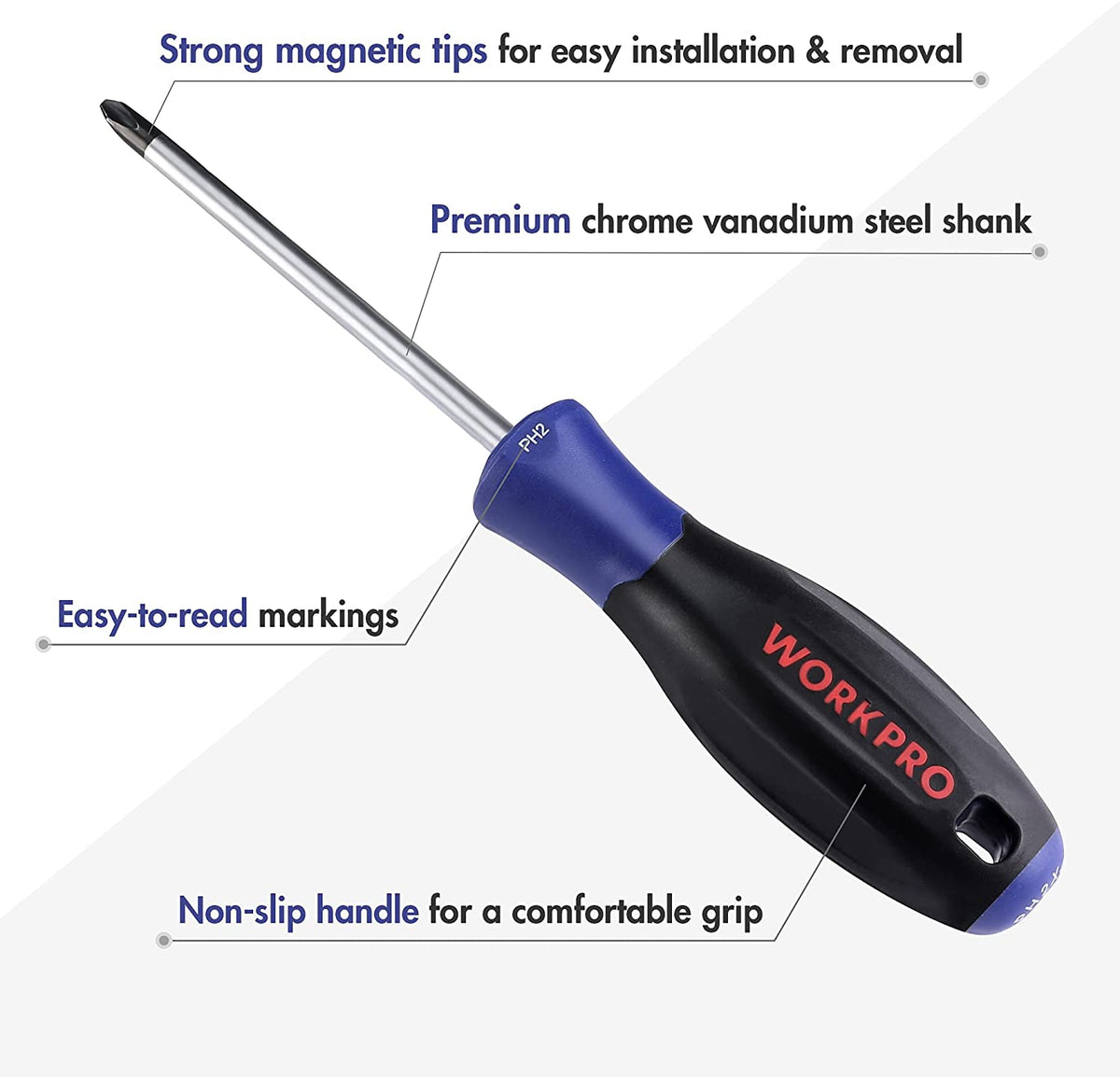 Blue and black magnetic screwdriver with chrome shaft, non-slip handle and grip label