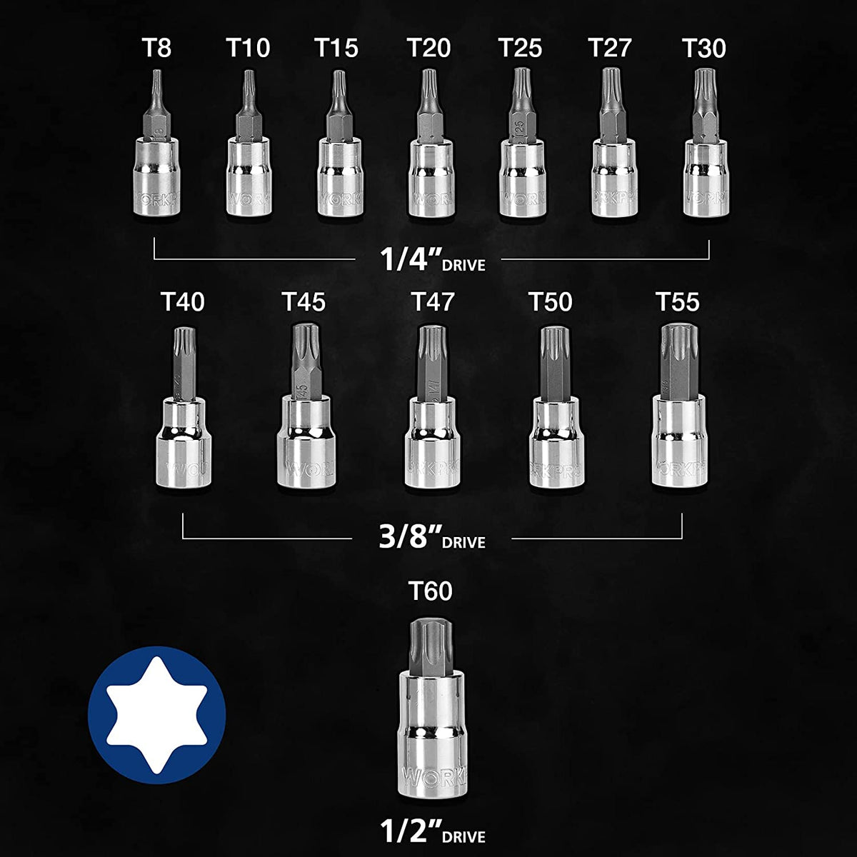 Torx bit socket set with 13 sockets, labeled T8–T60 and 1/4, 3/8, 1/2 drive