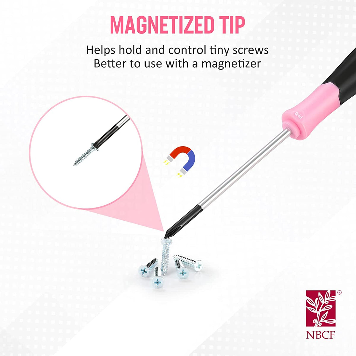 Magnetized tip precision screwdriver with pink-and-black handle and small screws