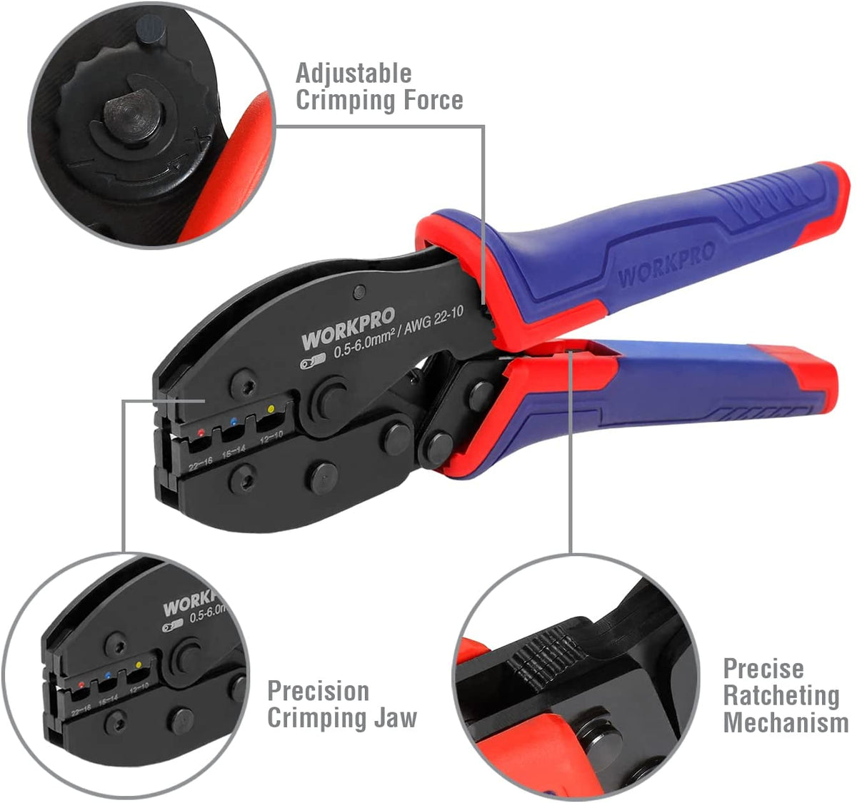Crimping tool with precision crimping jaws and adjustable crimping force, blue and red