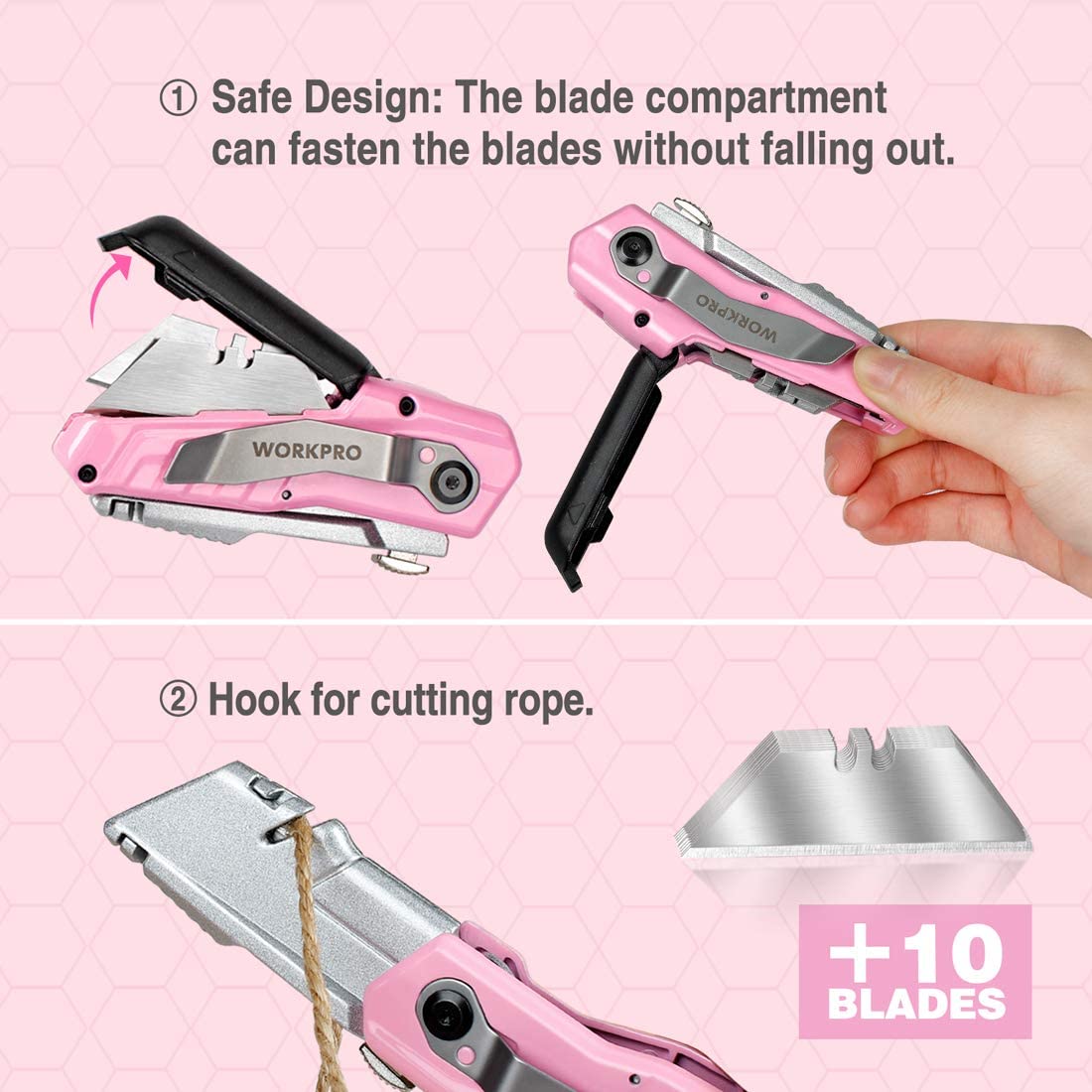 Pink folding utility knife with safety design, rope hook blade, and +10 blades