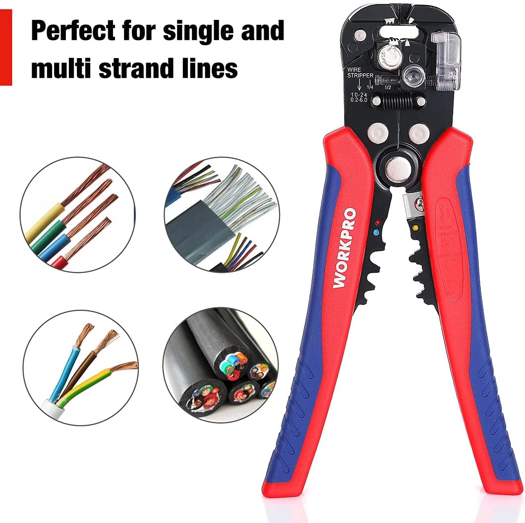 Wire stripper set with red/blue handles and black head, shown with multi-wire strand examples
