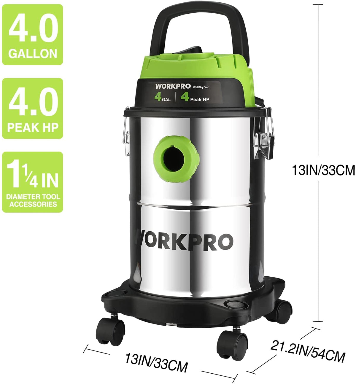 4-gallon shop vacuum with green handle, black hose port, and stainless steel tank