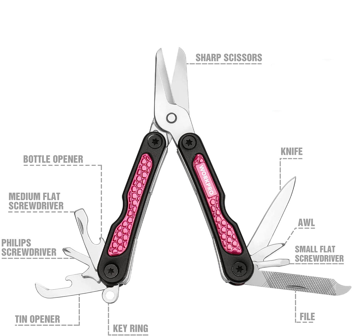 Pink and black folding multi-tool showing knife blade, screwdriver, file, and opener tips