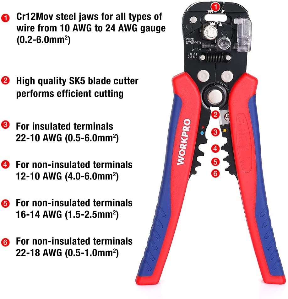 Wire stripper set with red and blue handles and black head for cutting and stripping