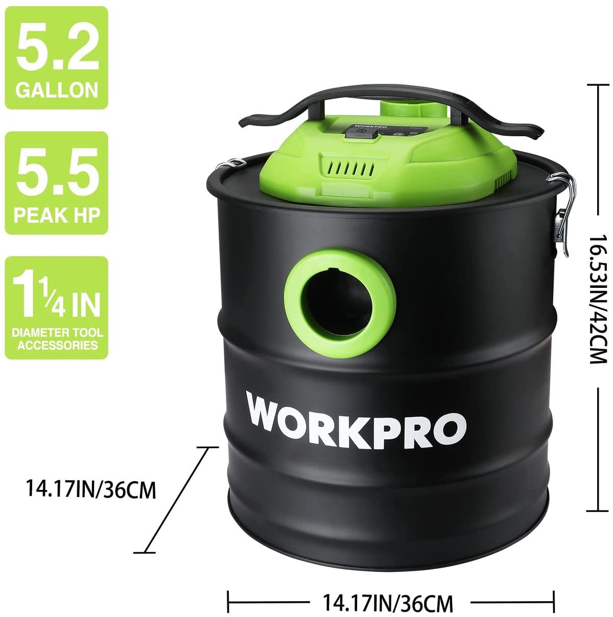 WORKPRO ash vacuum cleaner, green top and black 5.2-gallon collection tank