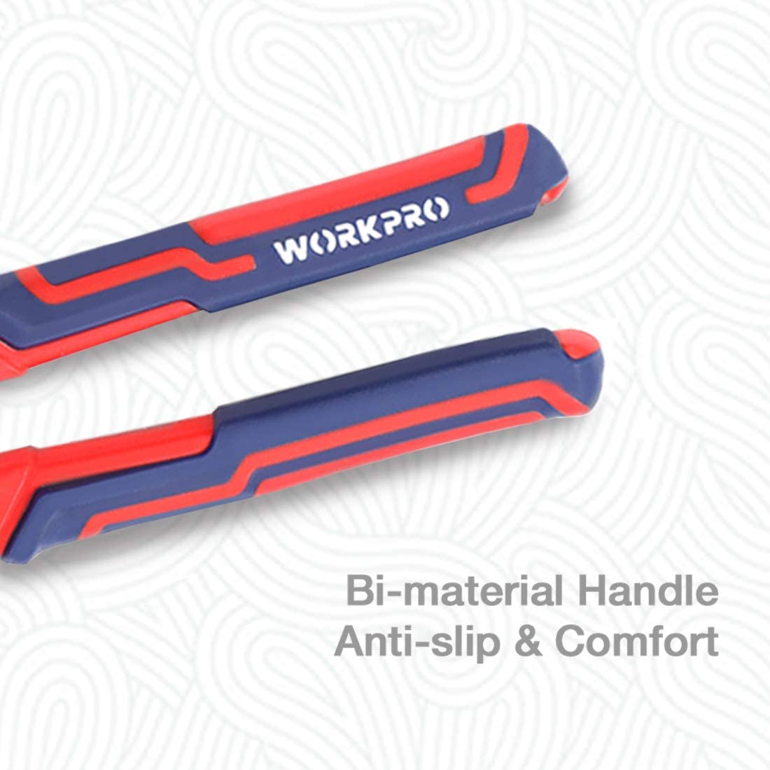 Red-and-blue bi-material handles on adjustable water pump pliers with silver jaw head