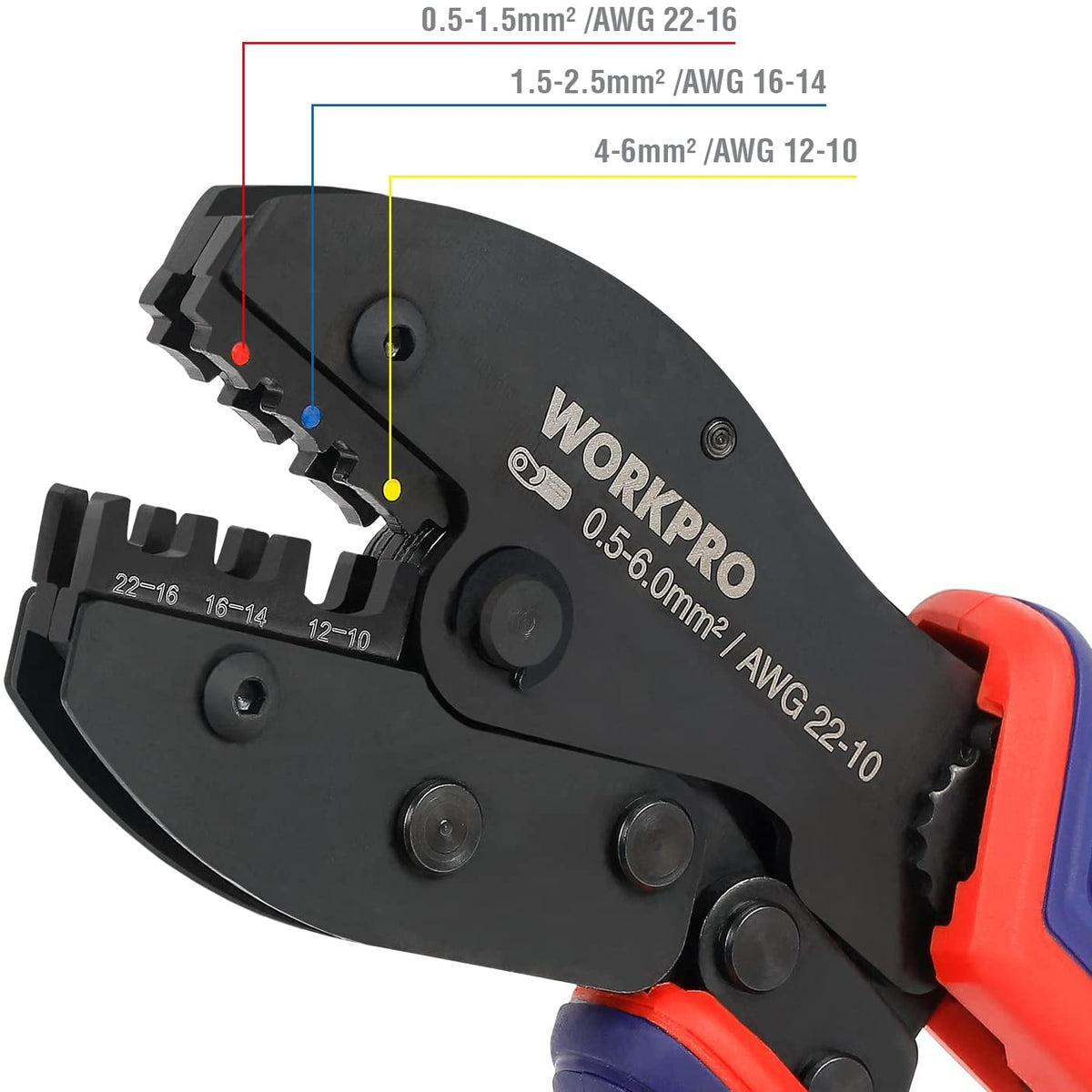 Crimping tool die head close-up with size markings and red latch on blue-red handles