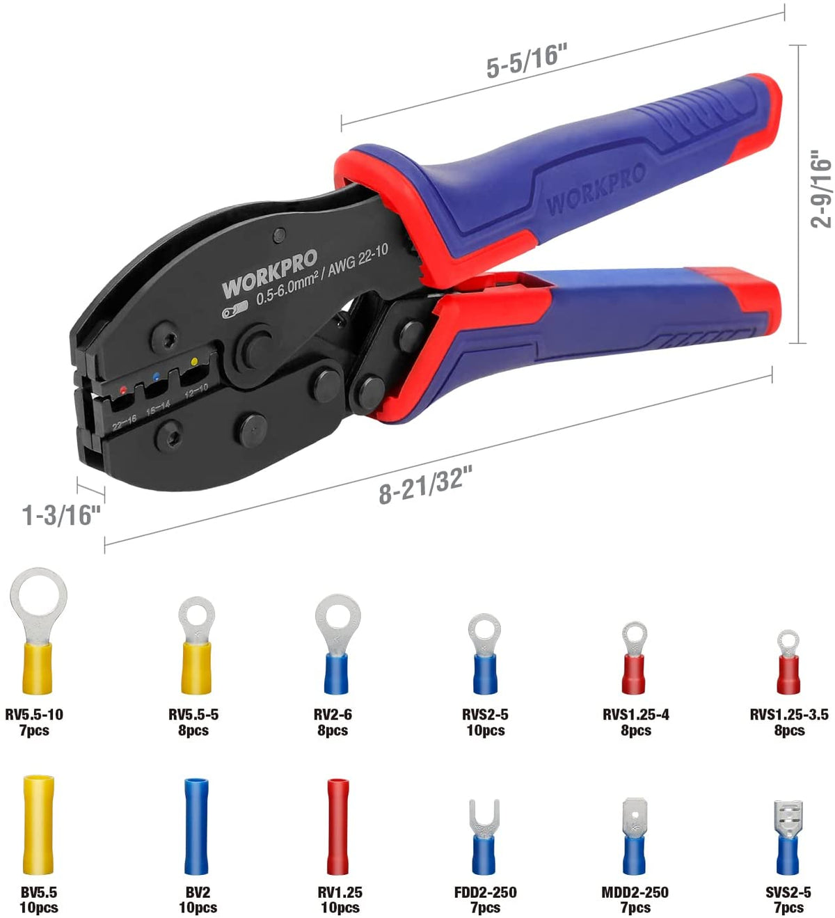 WORKPRO crimping tool kit with blue and red insulated handles, black die head