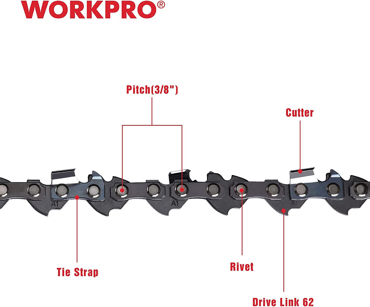 Chainsaw chain, 3/8 in pitch with tie strap, rivet, and drive link details