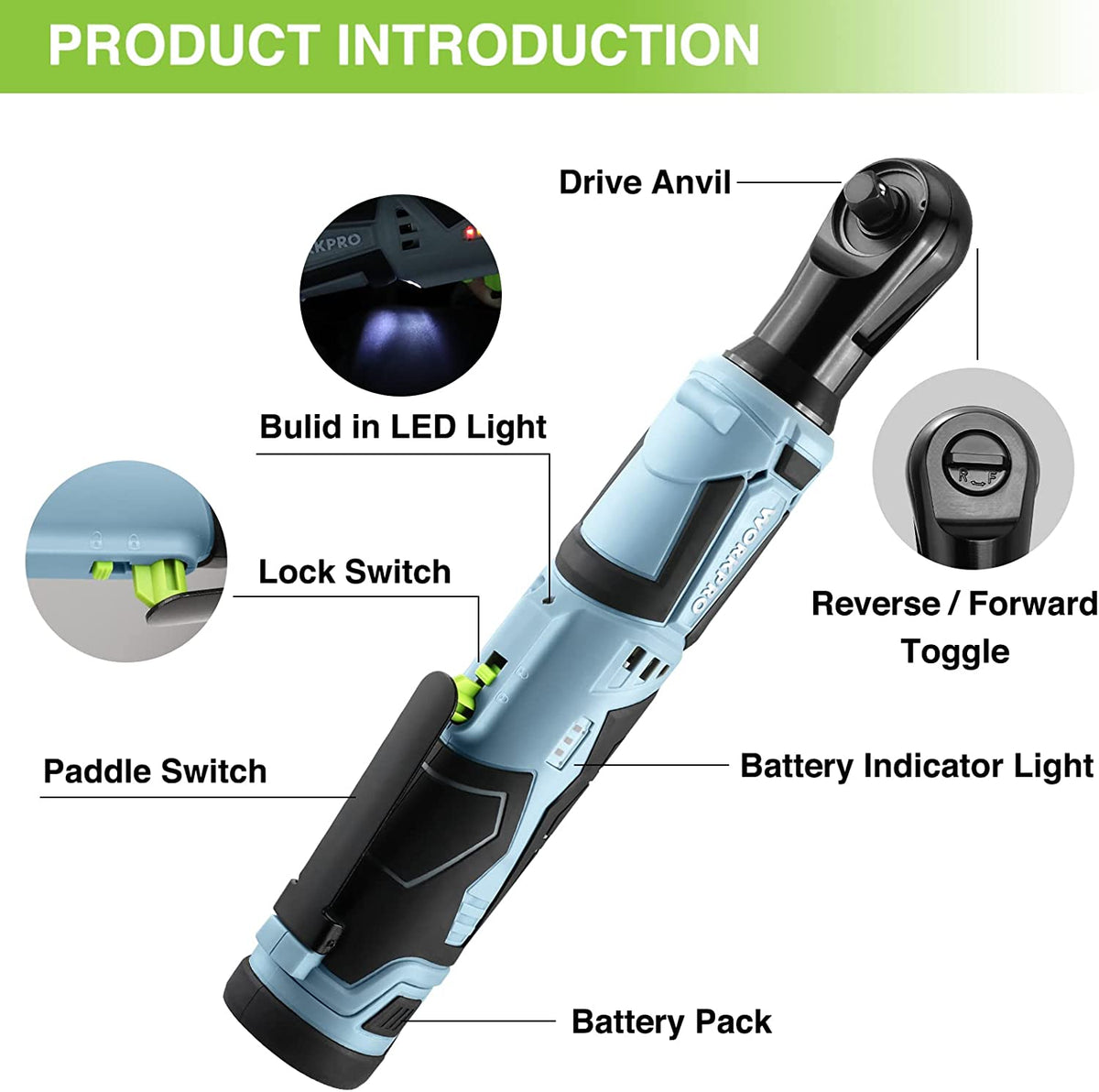 Cordless electric ratchet wrench with LED, battery indicator, and forward/reverse toggle