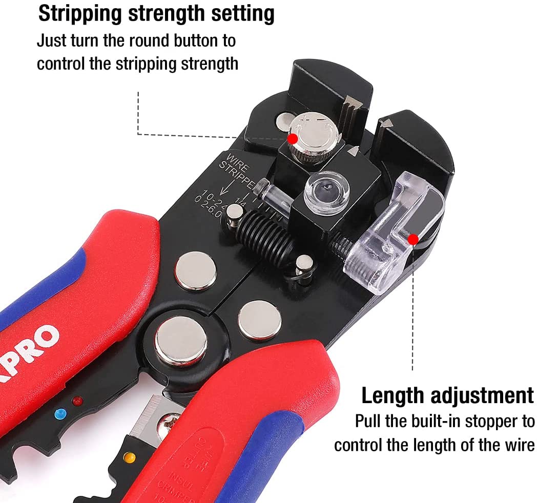 Wire stripper close-up with red and blue grips, adjustable knob and length stop on black head