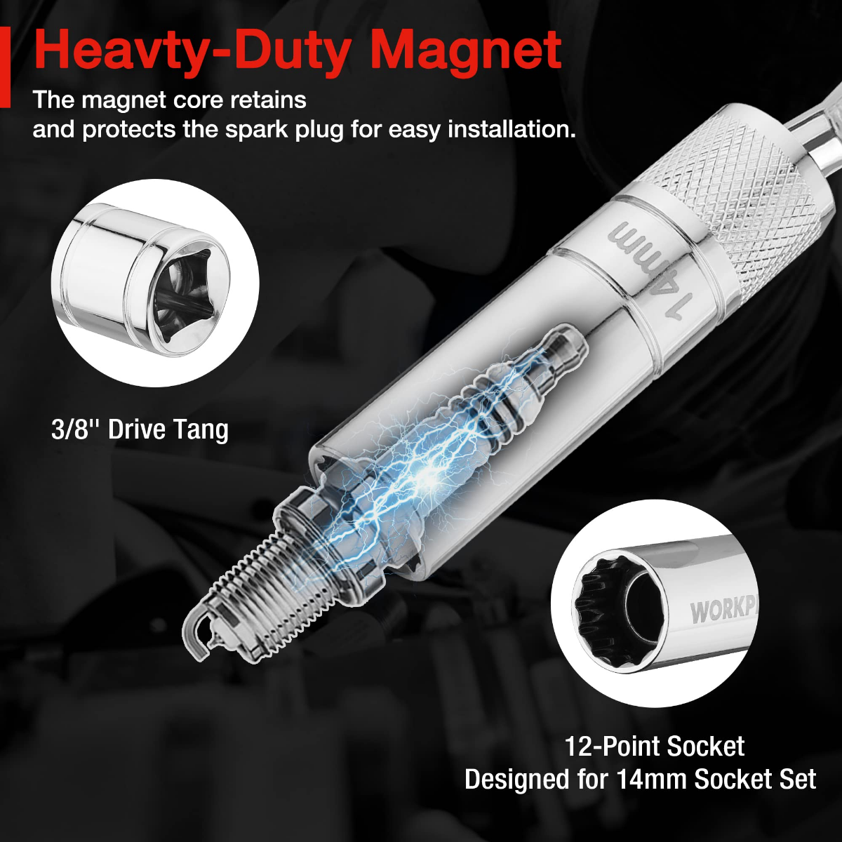 Heavy-duty magnetic core spark plug socket with 3/8" drive, chrome, 14mm thin-wall