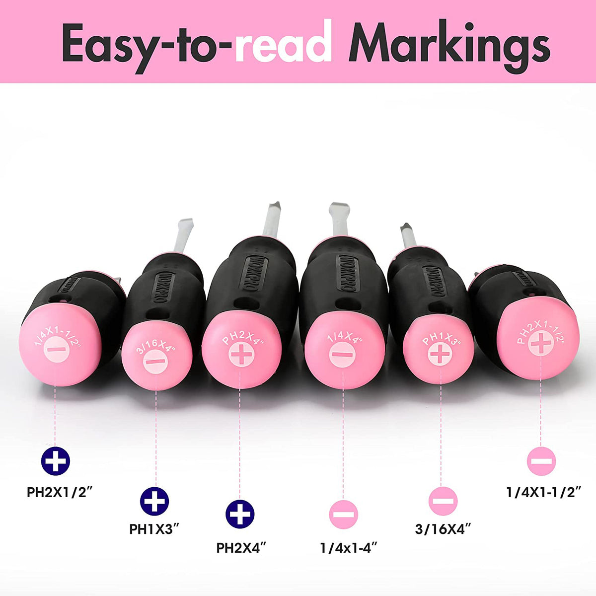 WORKPRO screwdriver tips with easy-to-read size markings on pink end caps