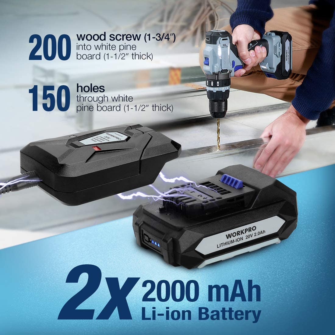 Cordless drill driver with bit in wood, two-speed tool and black battery pack nearby