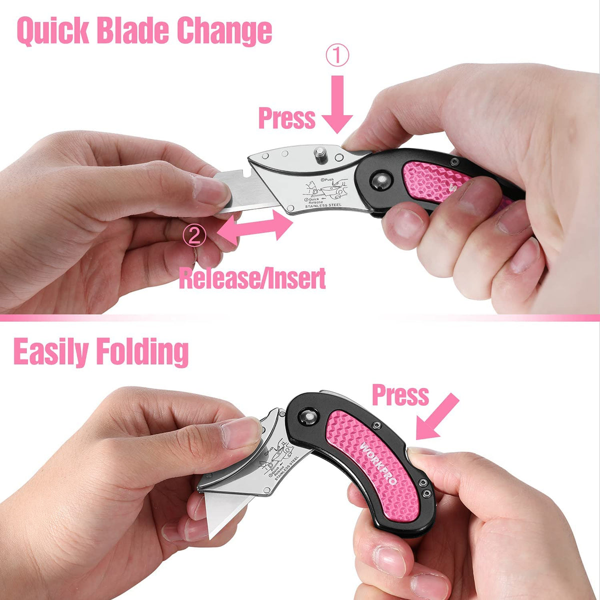 Pink and black folding utility knife with pink textured handle, held in hands