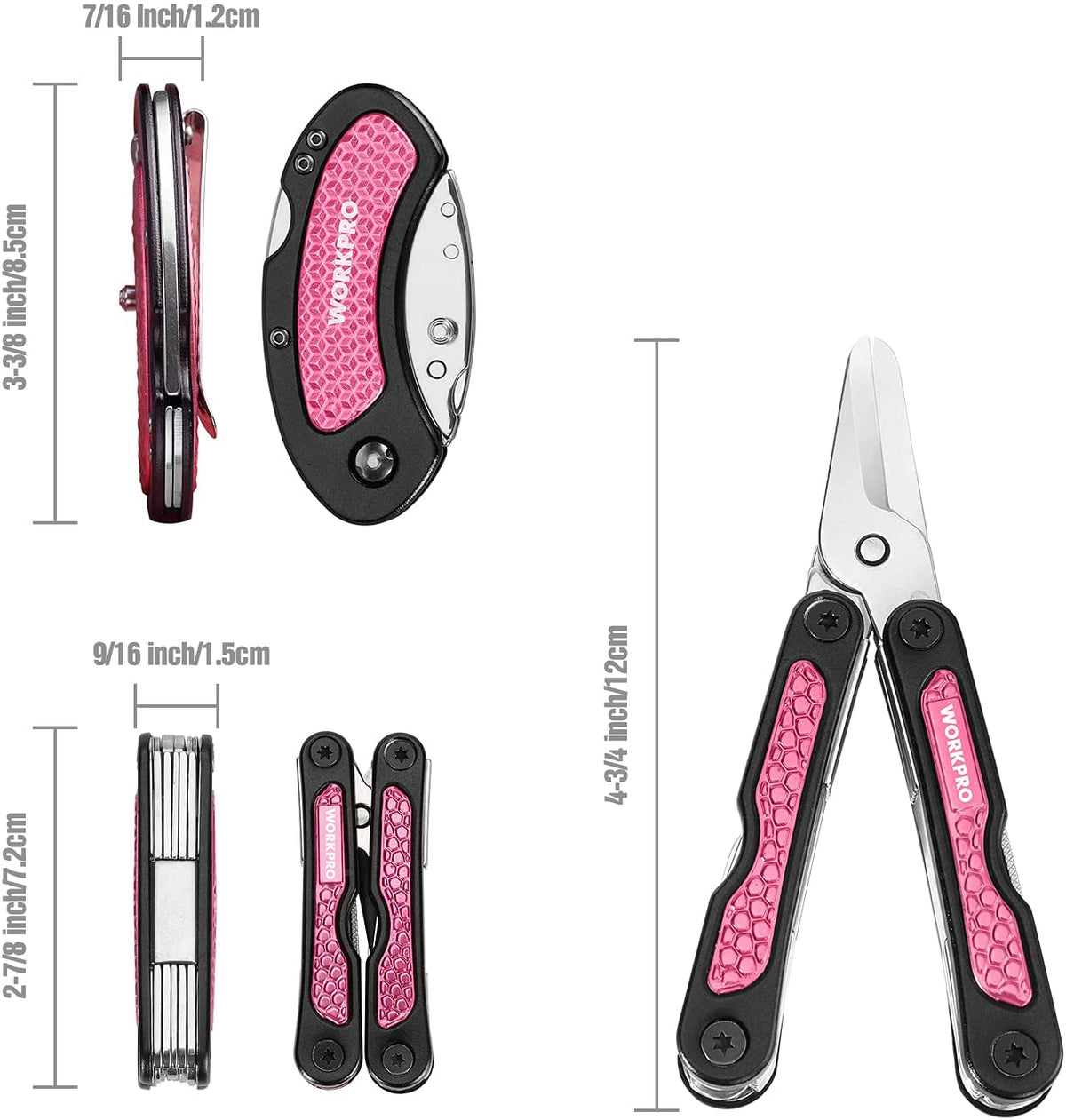 Pink and black folding multi-tool set with blades and tool attachments, side views