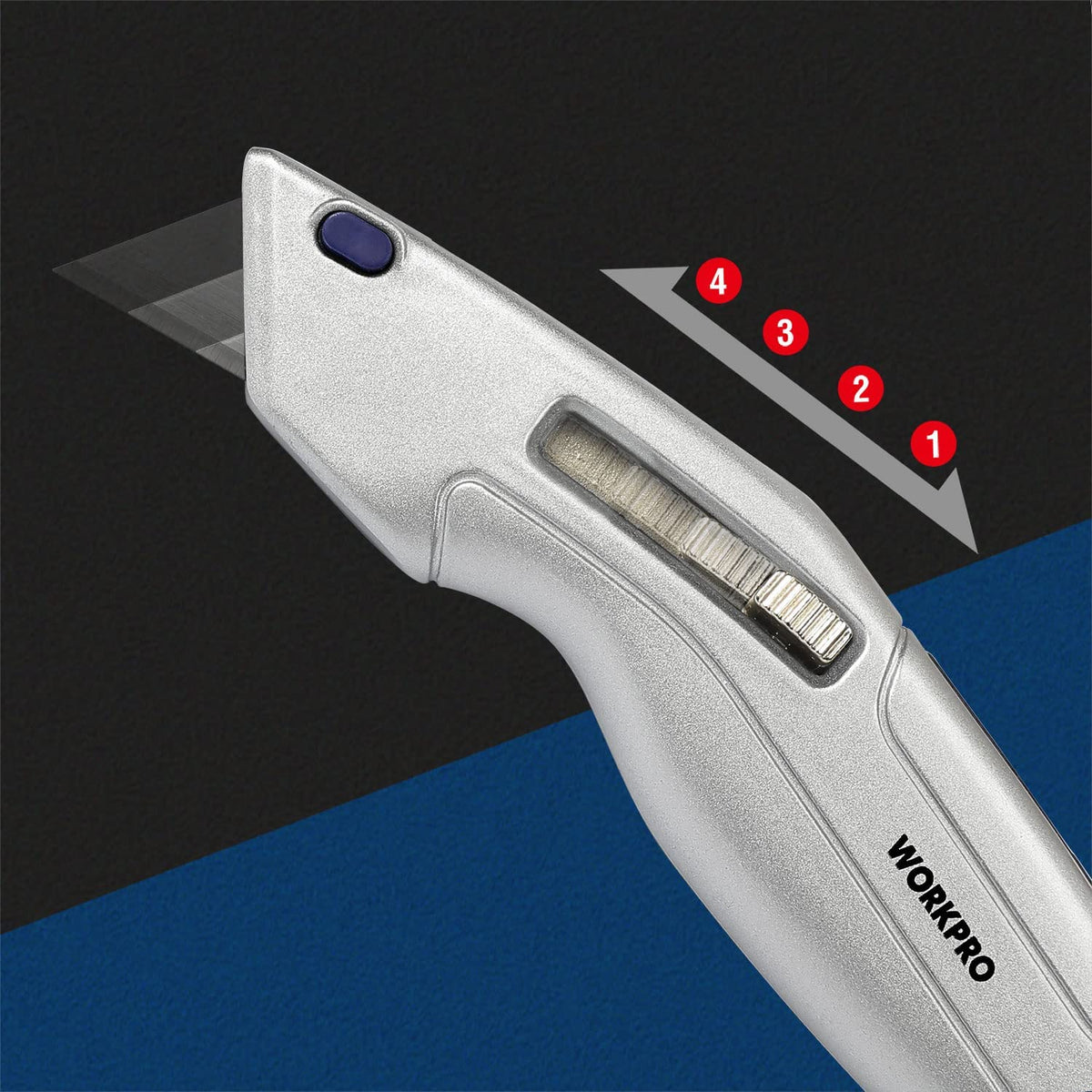 Retractable utility knife with silver body and blue insert, blade cartridge and slot visible