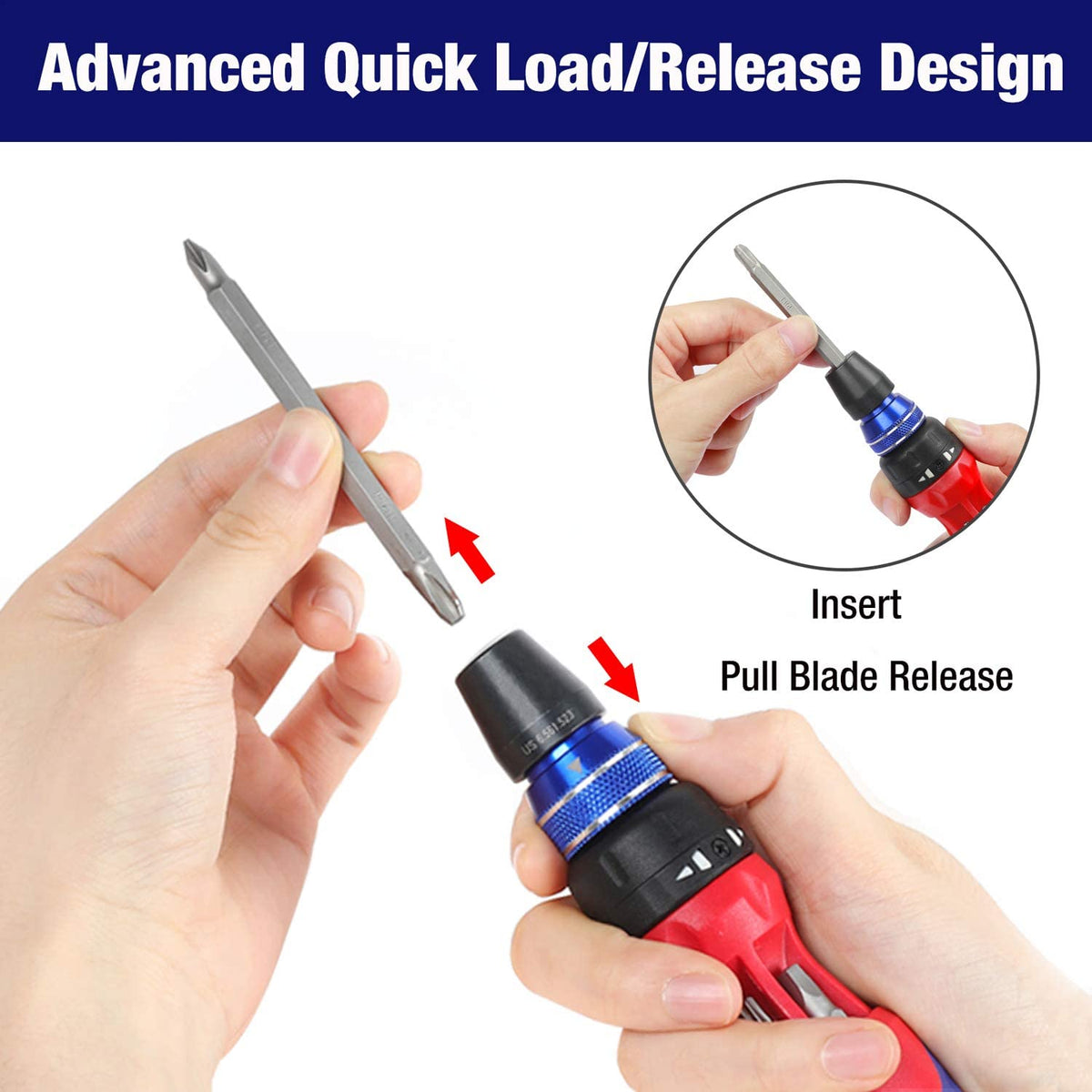 Ratcheting screwdriver with red handle, black grip, blue ring, quick-load bit blade