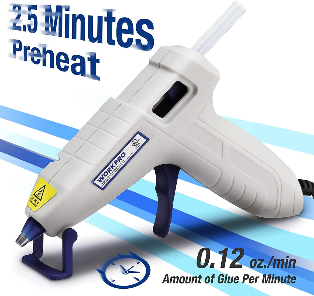 White mini hot glue gun with trigger handle and glue nozzle, blue stand