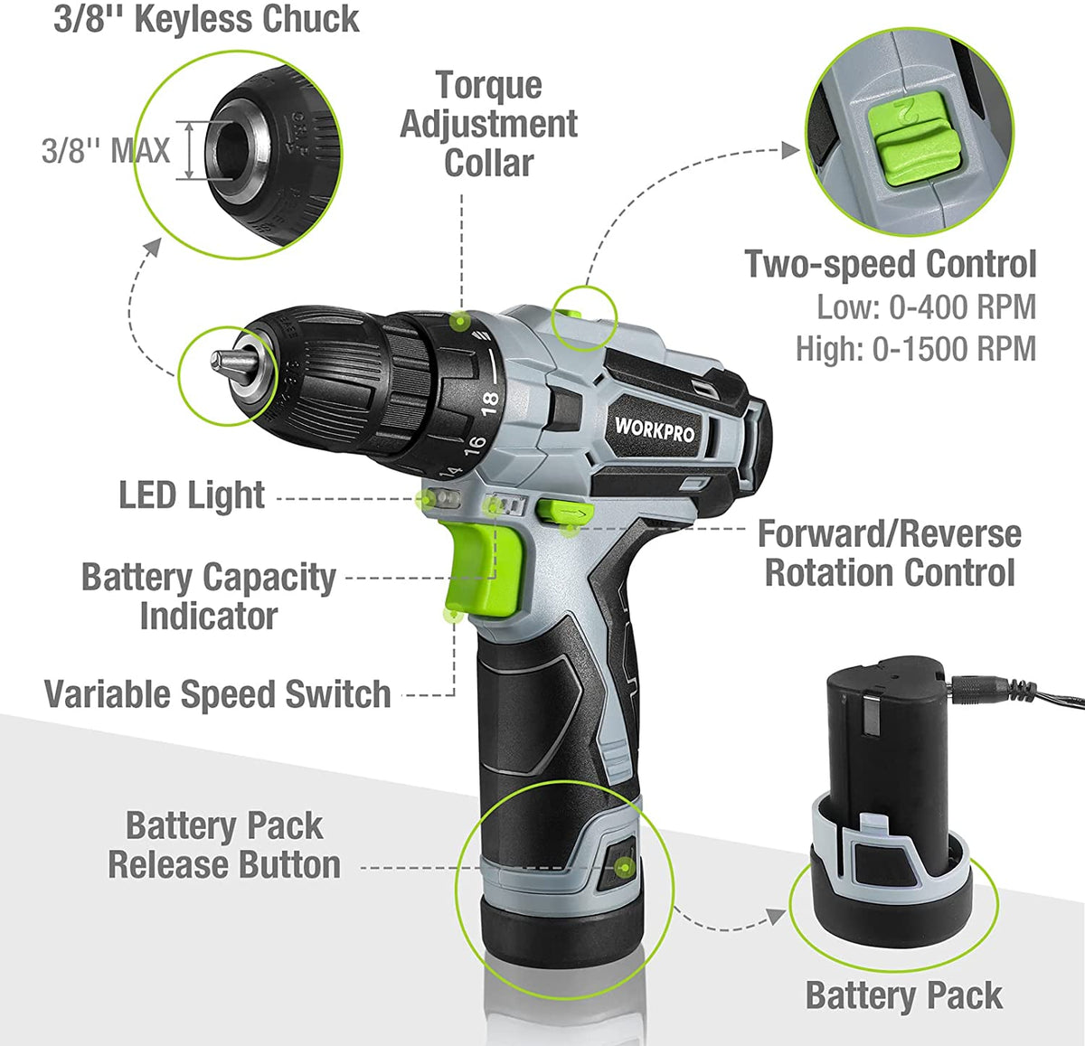 12V cordless drill with green accents, keyless chuck, LED light, and battery pack base