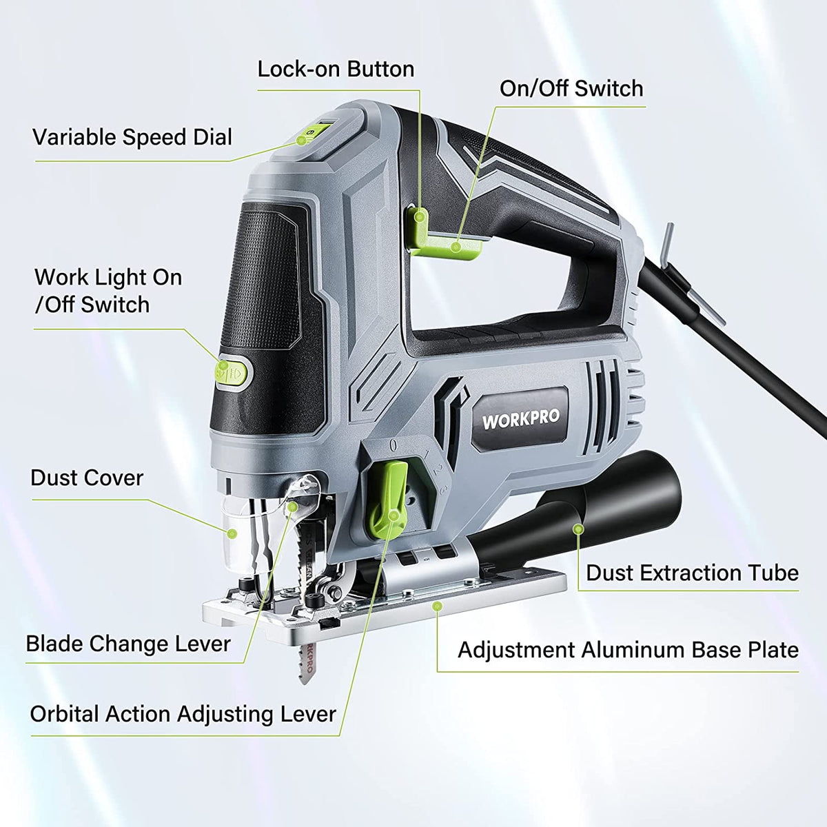 Corded electric jigsaw with adjustable aluminum base, dust cover, and extraction tube
