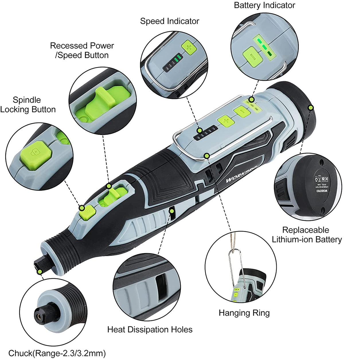 Cordless rotary tool with black grip, gray body, and green speed/battery indicators