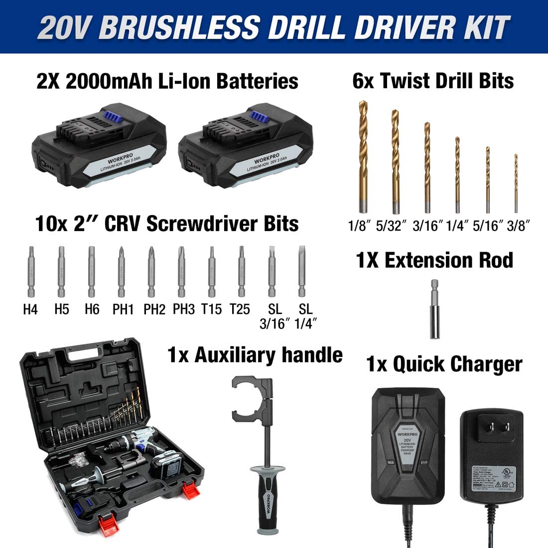 Cordless drill driver kit with two batteries, charger, bits, extension rod, and case