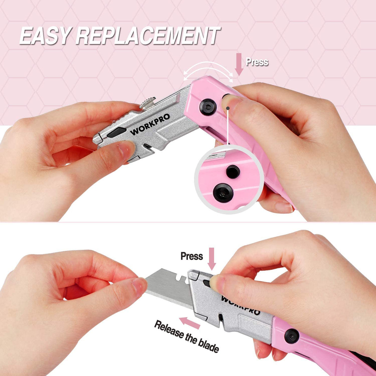 Pink folding utility knife with hands demonstrating blade replacement press and release
