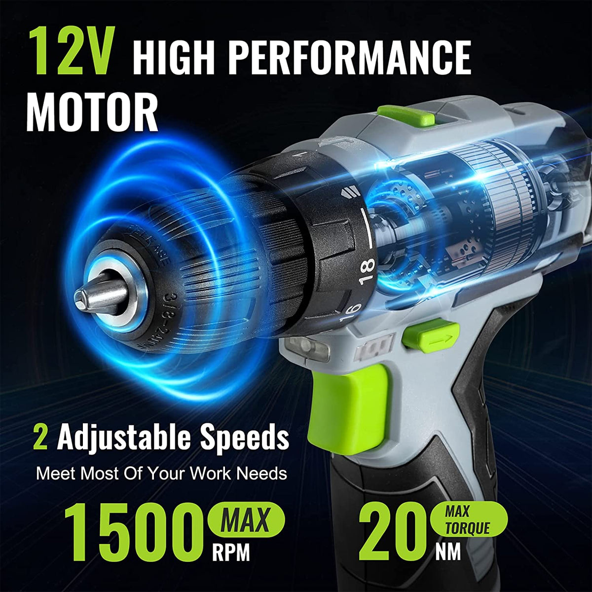 Green and gray cordless drill driver with keyless 3/8 in chuck and side handle