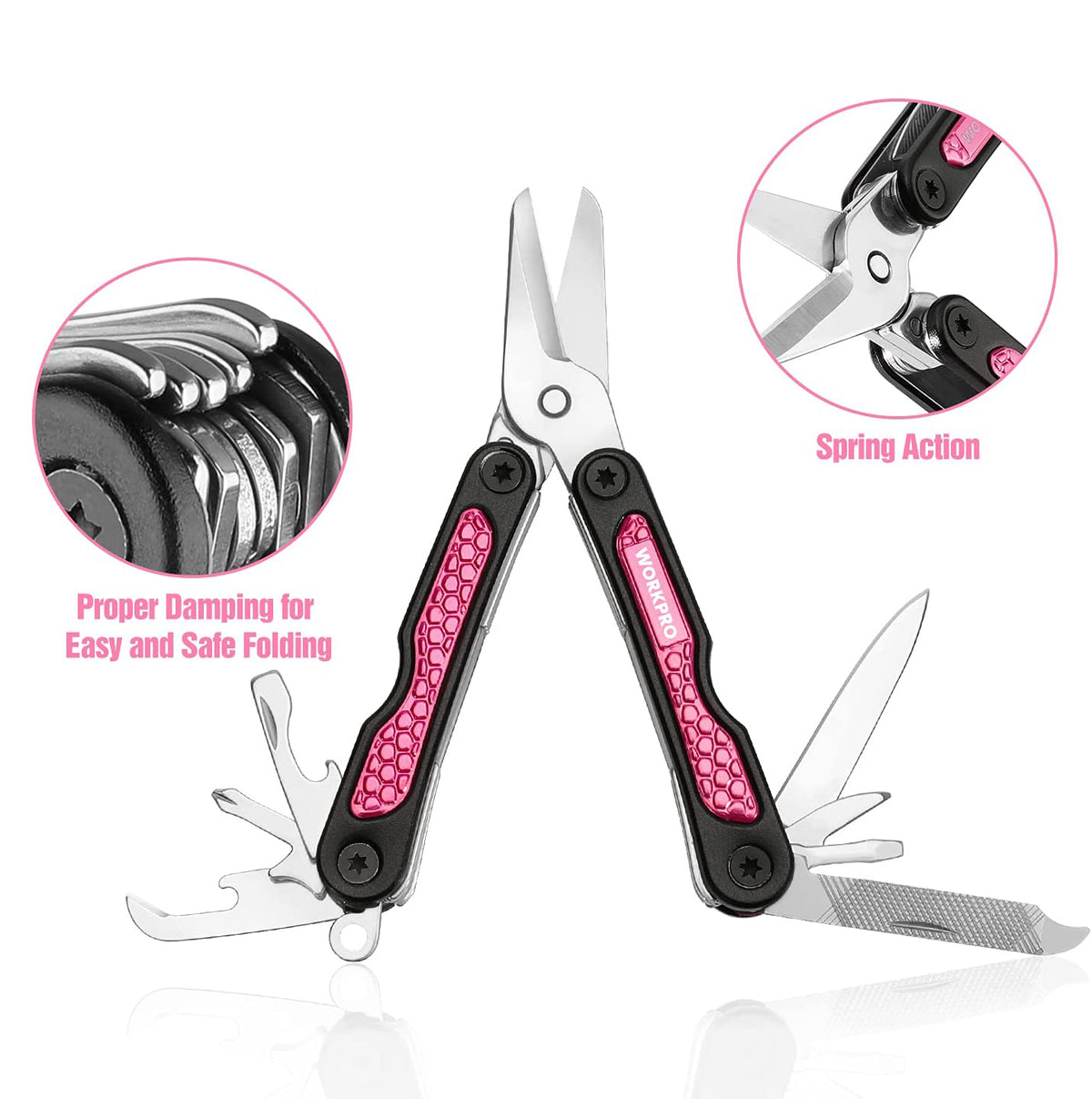 Pink and black folding multi-tool with spring action shown on the blade hinge