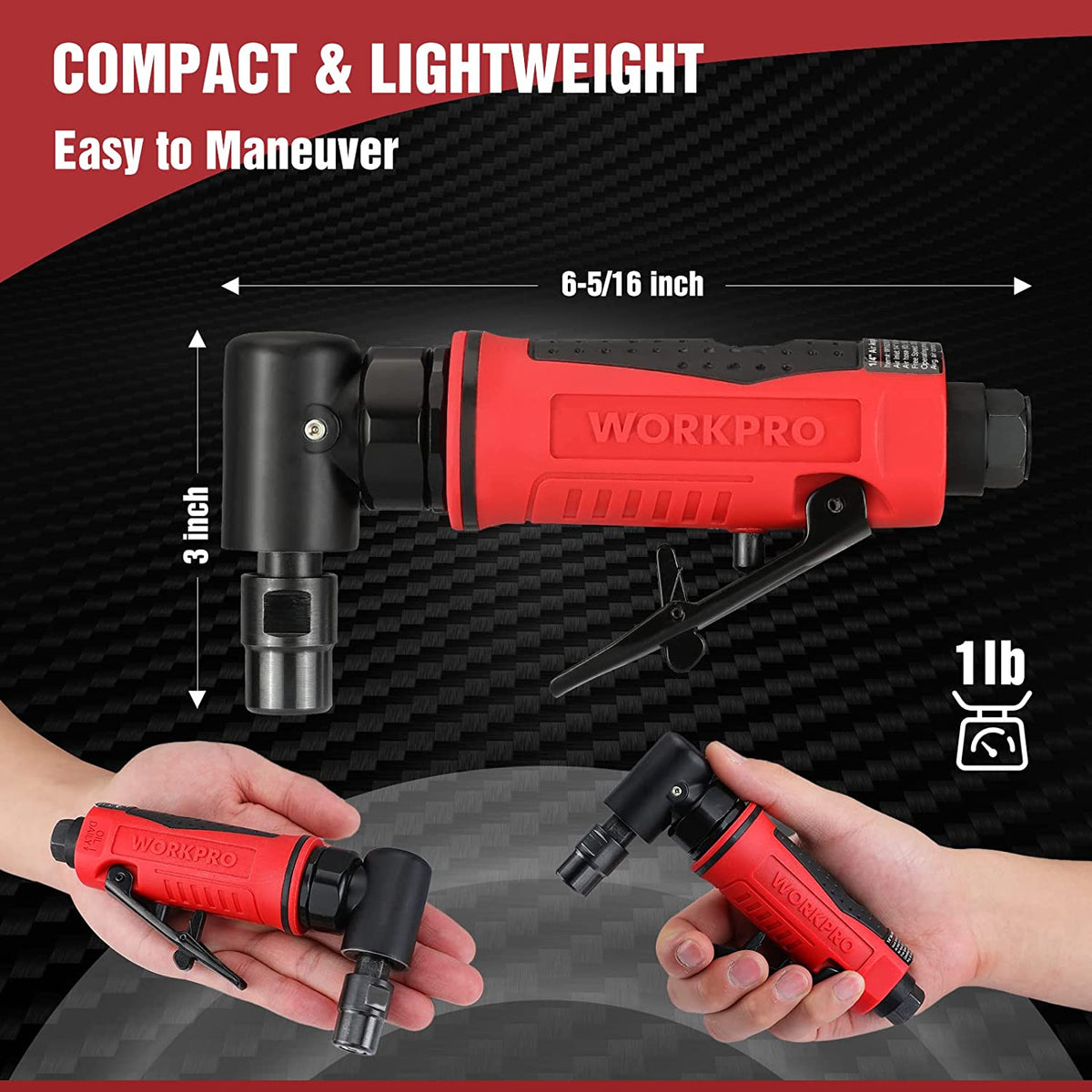 WORKPRO pneumatic right angle die grinder with red and black body, 1/4-in collet