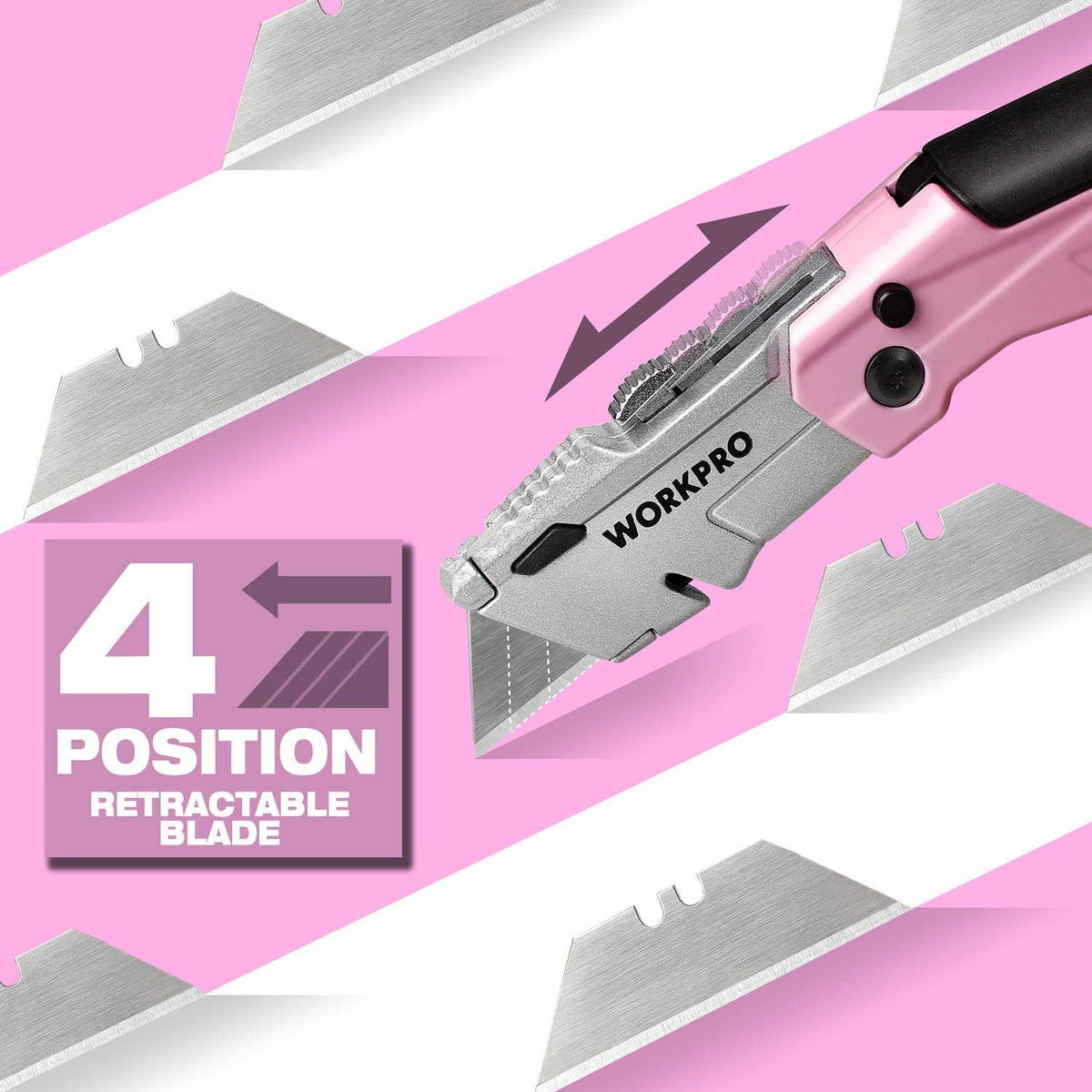 Pink utility knife showing retractable blade in position 4 with spare blade design