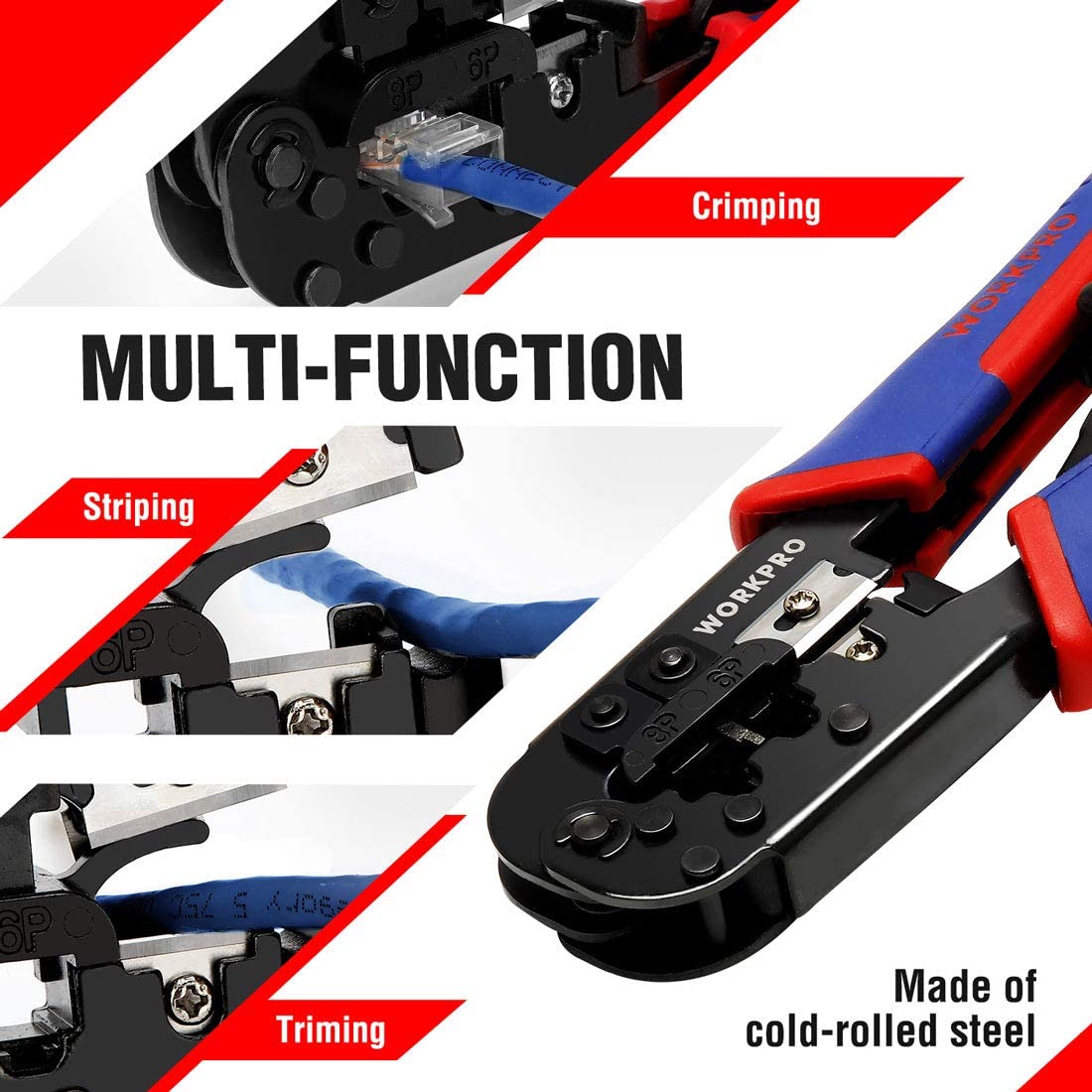 Ratcheting RJ45 crimping tool with black steel head and blue/red insulated handles.